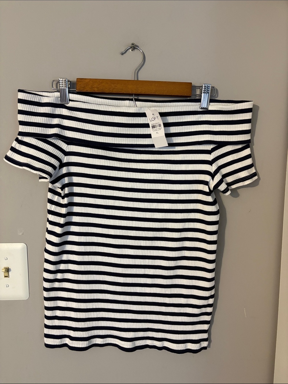 NWT LOFT Black and White Stripe Off-the-Shoulder Cotton Knit Top Sz XL